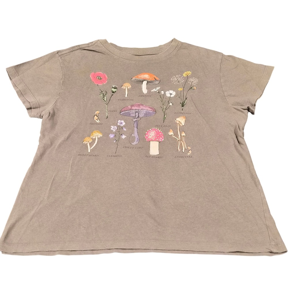 Doe Mushroom Botanical Graphic T-Shirt Gray Cotton Nature Floral Tee‎ XS